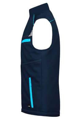 A navy softshell padded vest featuring turquoise accents and multiple zippered pockets. It has a logo on it.