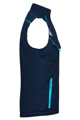 A navy blue softshell padded vest with a zip pocket and contrasting aqua blue accents. It features no sleeves.