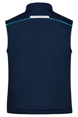 A navy softshell padded vest featuring a zip collar and a logo. It is sleeveless and has a lightweight design.