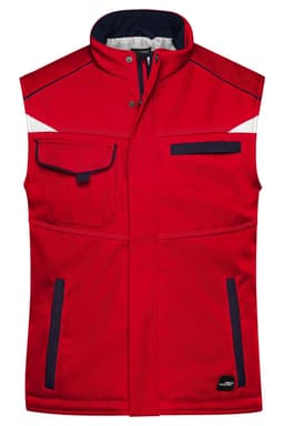 A red padded softshell vest featuring navy accents and multiple pockets. It includes a small logo.