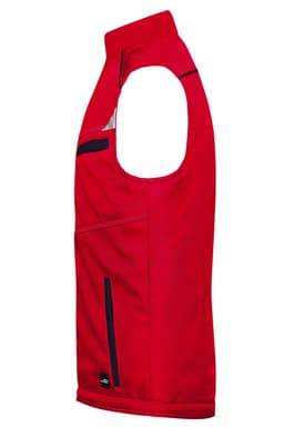 A bright red softshell padded vest with sleeveless design and multiple pockets, featuring a logo.