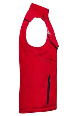 A red softshell padded vest with a zip and one pocket on the front, featuring a logo.