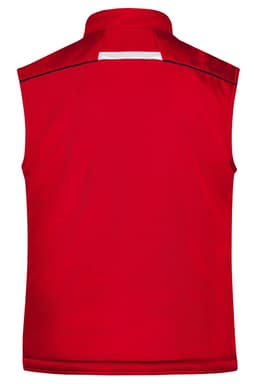 A red padded vest featuring a collar and a logo, showcasing a simple and functional design.