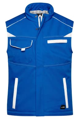 A blue work vest with a padded design, featuring white accents and pockets, along with a logo on the bottom.