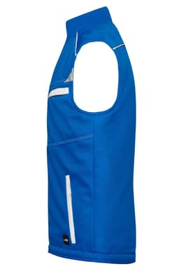 A blue softshell padded vest featuring a zip pocket and reflective accents. It has a logo on the lower section.
