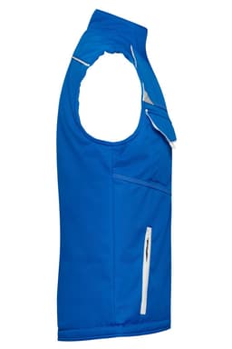 A blue softshell padded vest with a sleeveless design and front zip pockets, featuring a logo.