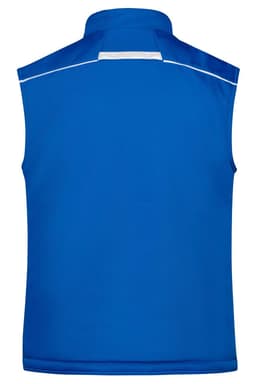A blue softshell padded vest featuring a high collar and a logo on the back.