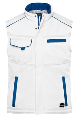 A white softshell padded vest with blue accents and pockets, featuring a logo.