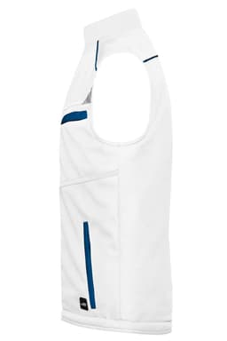 A white softshell padded vest with blue accents, featuring a side zip pocket and a logo.