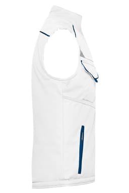 A white softshell padded vest with blue accents and a pocket, designed for workwear use.