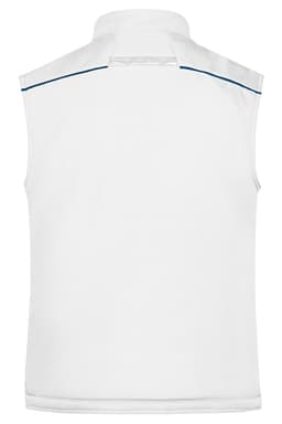 A white padded vest with a collar and blue detailing, featuring a logo on the back.