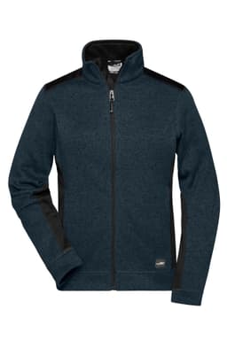 A dark teal knitted workwear fleece jacket with black accents and a zip front, featuring a logo on the side.