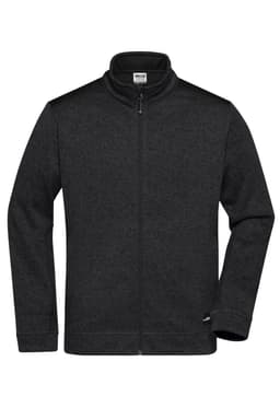 A black knitted workwear fleece jacket with a zip and a high collar, featuring a logo on the side.