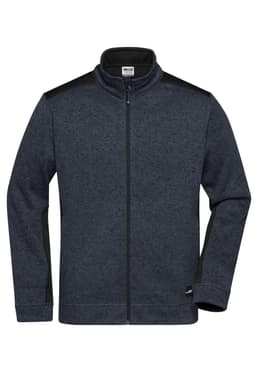 A men's knitted workwear fleece jacket in navy blue with a zip front and contrasting black panels on the shoulders.