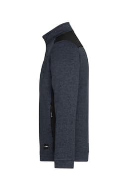 A navy blue men's knitted workwear fleece jacket featuring black shoulder panels and side zip pockets.