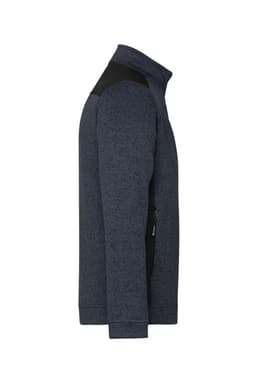A men's knitted workwear fleece jacket in navy with black accents, featuring a zippered side pocket and a high collar.
