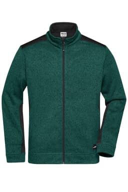 A green knitted fleece jacket with black accents and a zippered front, featuring a logo on the sleeve.