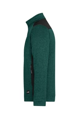 A green knitted workwear fleece jacket featuring black accents and a zippered pocket. It has a simple logo on the side.