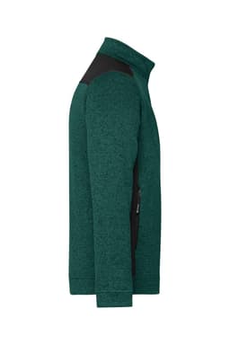 A green knitted workwear fleece jacket with black accents and zippered pockets, featuring a logo on the sleeve.