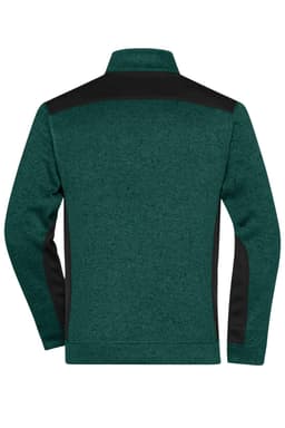 A men's knitted workwear fleece jacket in dark green with black side panels and a high collar. Features a logo.