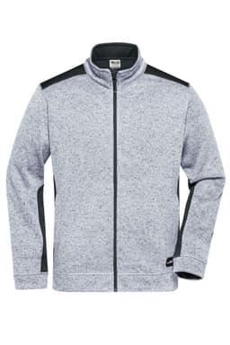 A grey knitted fleece jacket with black accents and a zip-up front. Features a logo on the side.