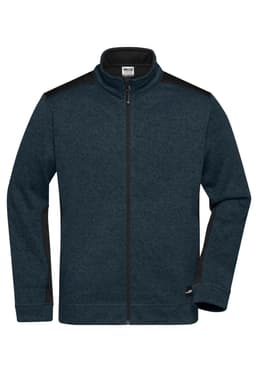 A navy blue men's knitted workwear fleece jacket featuring a zip front and black shoulder detailing.