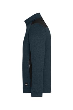 A men's knitted workwear fleece jacket in dark blue with black panels and zippered pockets, featuring a logo.