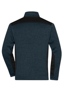 A men's knitted workwear fleece jacket in navy blue with black accents, featuring a high collar and a logo.