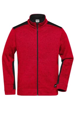 A red knitted fleece jacket with black accents and a zip-up front, featuring a branding logo.