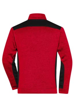 A red knitted fleece jacket with black accents, featuring a high collar and long sleeves, with a logo on the back.