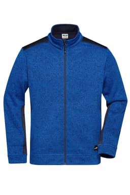 A blue knitted fleece jacket featuring a zip front and contrasting black accents on the shoulders. Includes a logo.