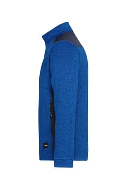 A blue knitted workwear fleece jacket with black accents and a zippered pocket, featuring a branding logo.