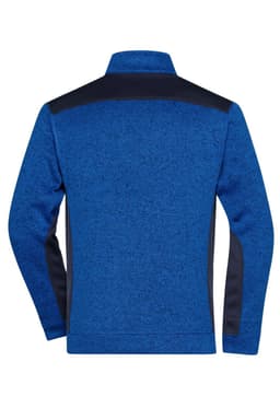 A men's knitted workwear fleece jacket in blue with dark blue accents, featuring a high collar and long sleeves.
