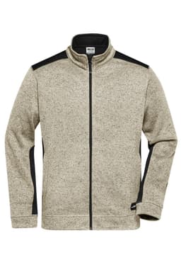 A men's knitted workwear fleece jacket in light grey with black accents and a zippered front. Features a logo.