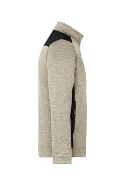 A men's knitted workwear fleece jacket in a light grey with black accents, featuring a side profile view and a logo.