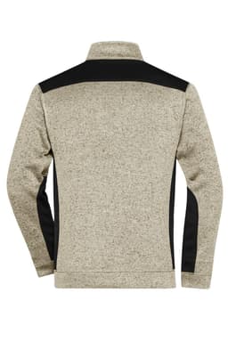 A men's knitted workwear fleece jacket in light grey with black side panels and a collar. Features a logo on the back.