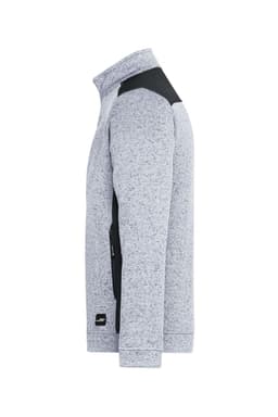 A men's knitted workwear fleece jacket in grey with black accents and a logo.