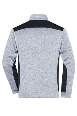 A men's knitted workwear fleece jacket in grey with black accents, featuring a high collar and a logo.