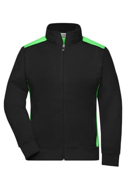 A black sweat jacket with green accents, featuring a zip front and a collar. It has a logo on the chest.