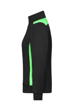 A black sweat jacket with green accents, featuring a high collar and a logo on the side.