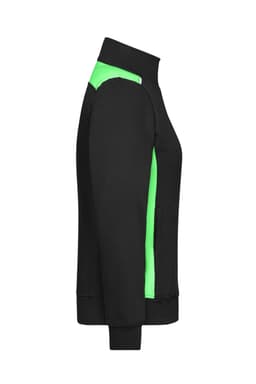 A black sweat jacket with vibrant green side panels and a high collar, featuring a logo on the front.