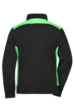 A black and neon green ladies' workwear sweat jacket with a high collar, featuring a logo on the back.
