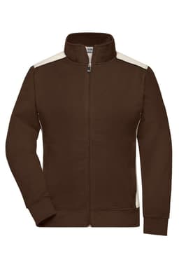 A brown ladies workwear sweat jacket featuring cream-coloured side panels and a zip-up front.