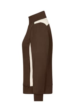 A brown and cream ladies workwear sweat jacket with a zip front and side pockets. It features a logo on the chest.