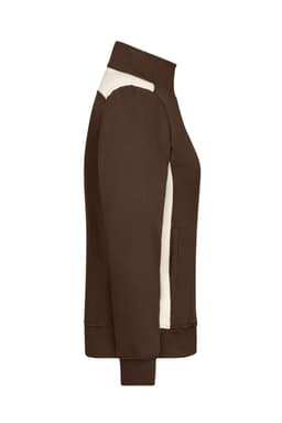A brown and cream ladies workwear sweat jacket, featuring a zipped front and a high collar. It has a logo on it.