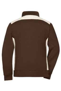 A brown and cream ladies workwear sweat jacket with a high collar and long sleeves. It features a logo.