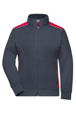 A dark navy sweat jacket with red accents and a zip-up front, featuring a collar and long sleeves. It includes a logo.