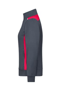 A workwear sweat jacket featuring a grey body with red accents and a zippered pocket. It has a high collar and branded logo.
