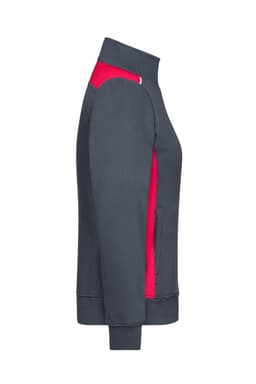 A ladies' workwear sweat jacket in grey with red accents, featuring a side view and pockets, complete with a logo.