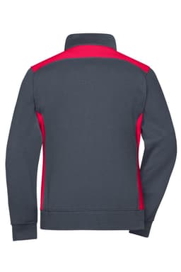 A grey and red ladies workwear sweat jacket featuring a high collar and a fitted design, with a logo on the back.
